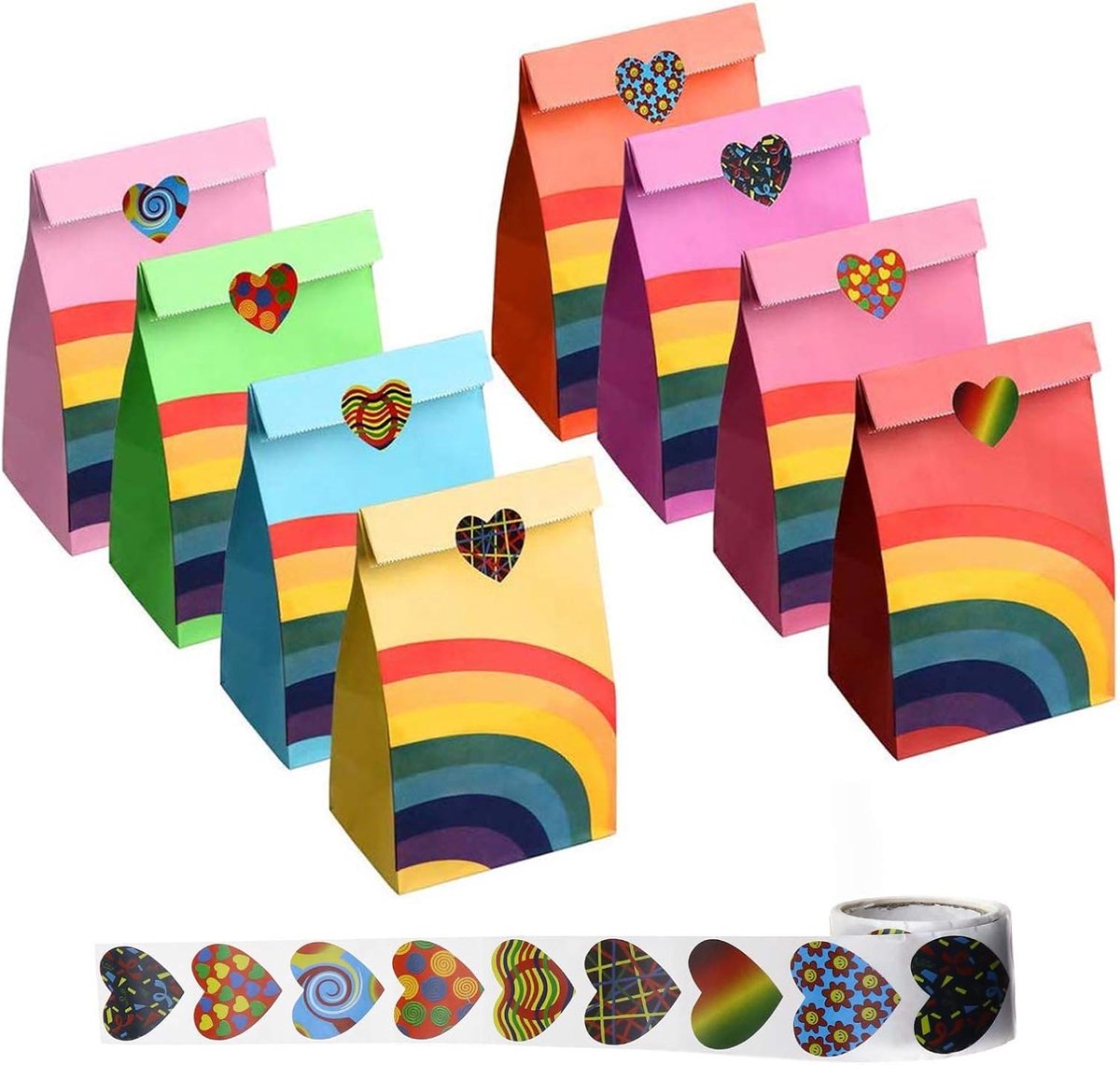 SnelShoppen - 40 Stuks Regenboog Patroon Papieren Tasjes voor Kinderen Verjaardagsfeest Baby Shower Feestelijke Gelegenheden - 8 Kleuren - 22x11.7x8 c