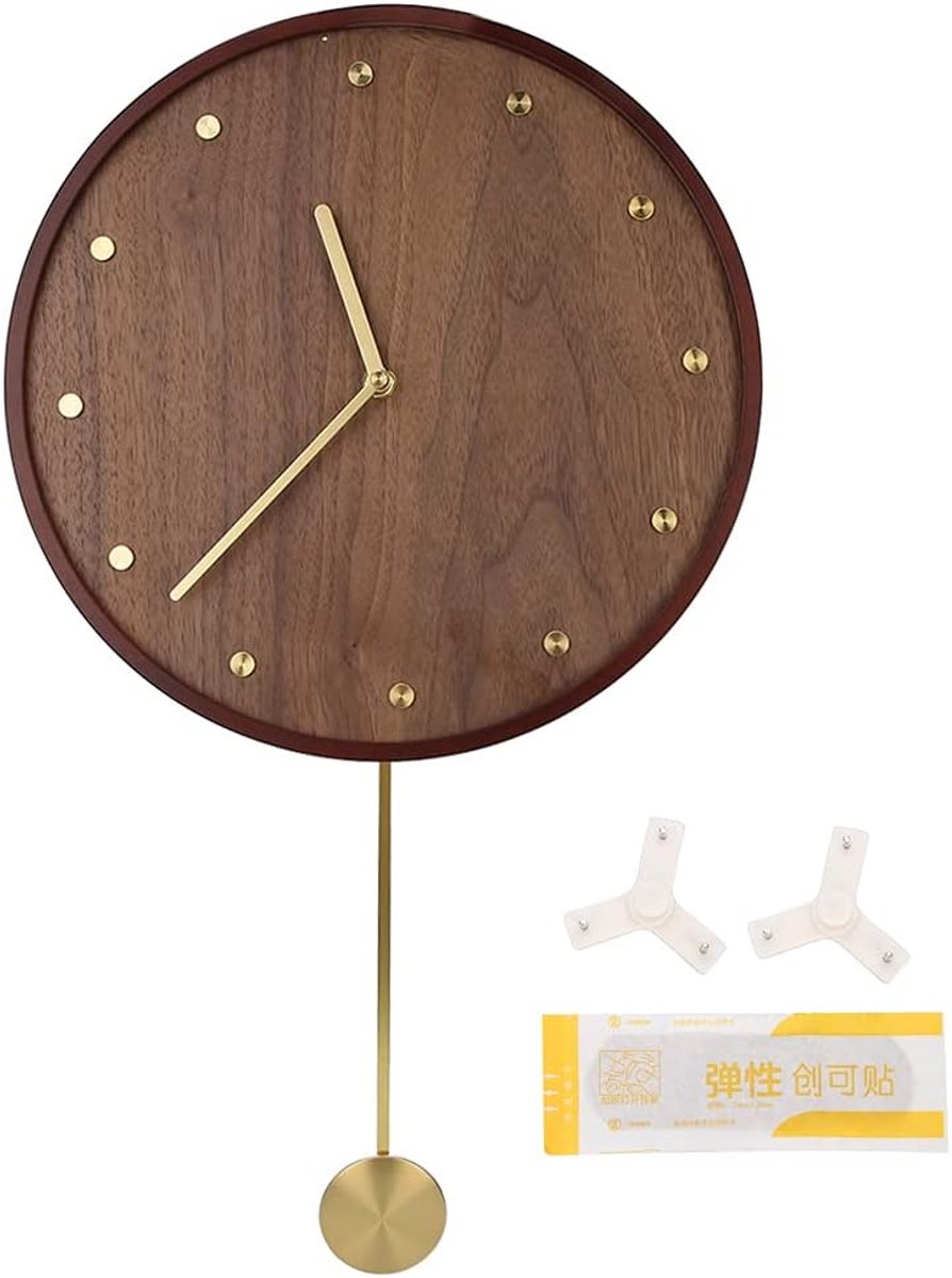 SnelShoppen - Stijlvolle Moderne Houten Wandklok - Minimalistische Stilte Klok met Pendule - Natuurlijke Walnoot - Makkelijk Afleesbare Wanddecoratie