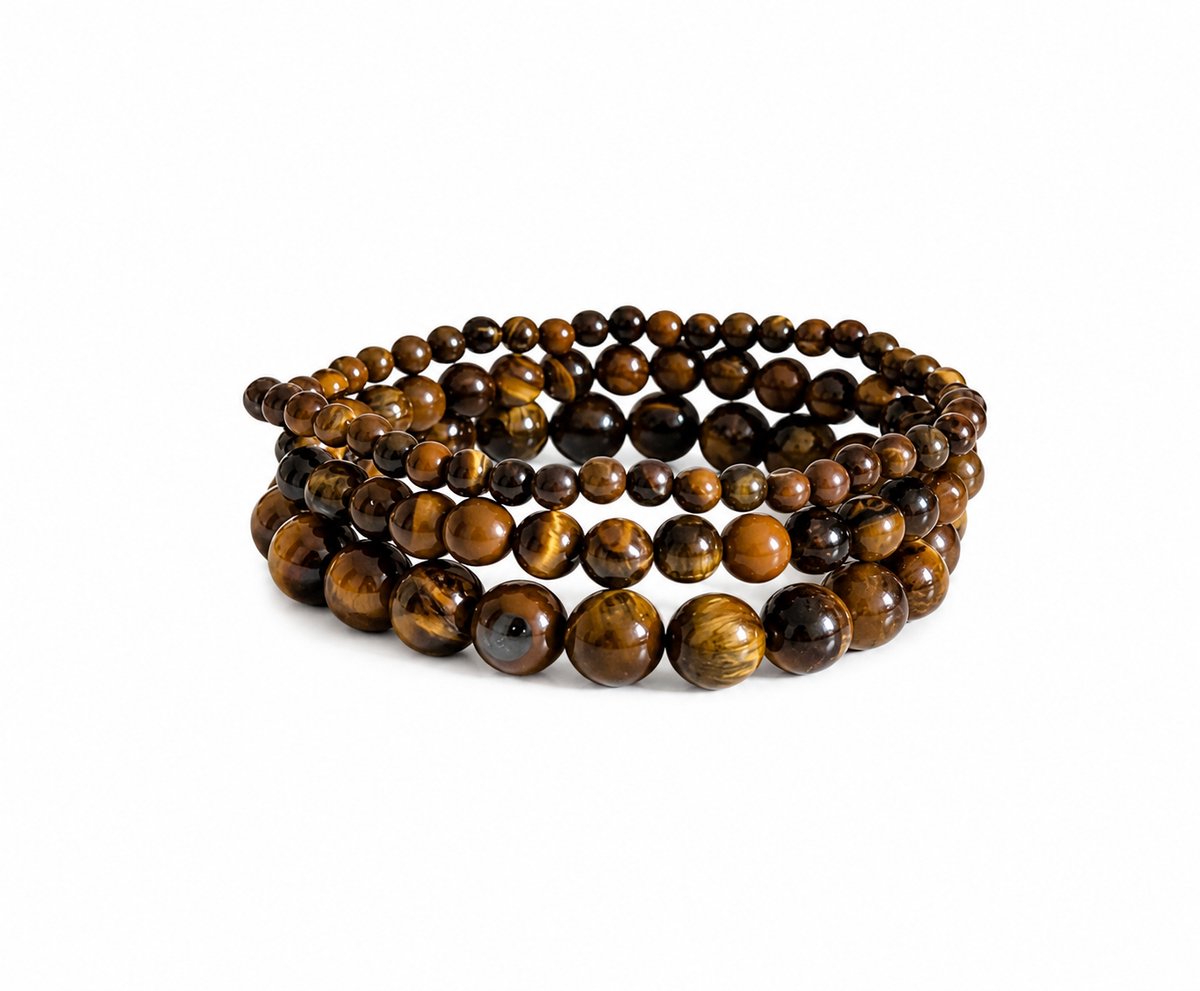 Luxamore® Kralenarmband Dames – Armbandenset 3-Delig Bruin – Tijgeroog Natuursteen Kralen – Elastische Armbandjes Dames – Dames Sieraden – Cadeau voor Haar