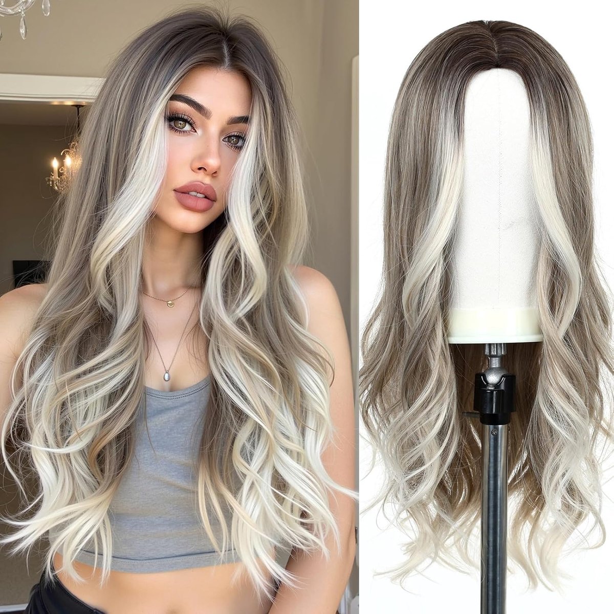 SnelShoppen - Esmee Lange Golvende Synthetische Mixed Zilvergrijze Damesperruque 24 Inch - Natuurlijke Look, Warmtebestendig, Verstelbare Haarcap