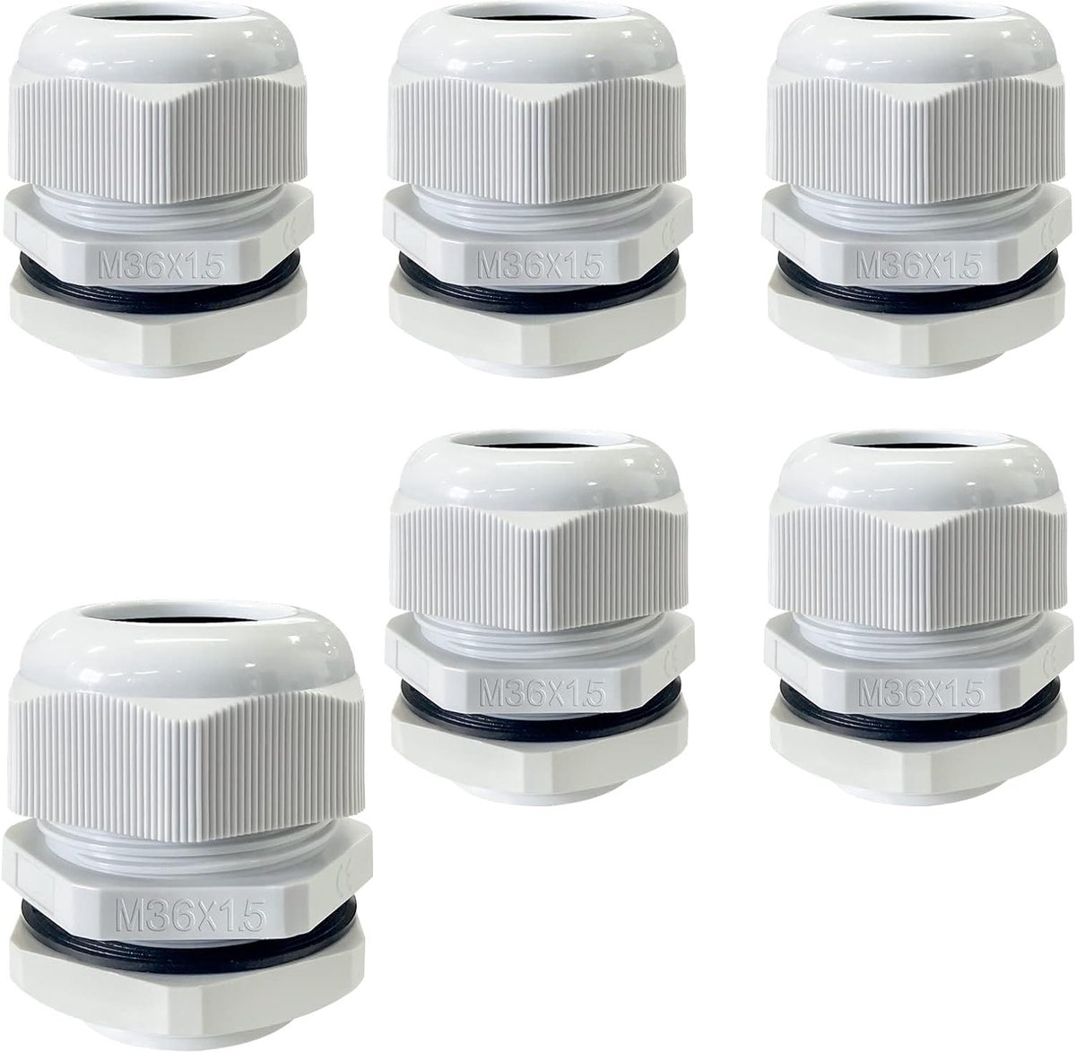 SnelShoppen - Set van 6 Kabeldoorvoeren M36 x 1.5 mm Grijs Waterdicht IP68 Vlamvertragend Kabelgrommet met Contramoer voor Kabelinvoer