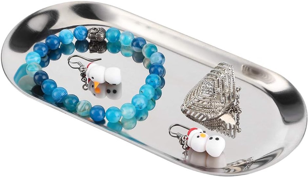 SnelShoppen - 5-delige RVS Kleine Lade Ovalen Metalen Lade Sieraden Opberg Lade Handdoek Lade Opslag Tray - 17.9x8.3cm - Zilver voor Keuken, Badkamer,