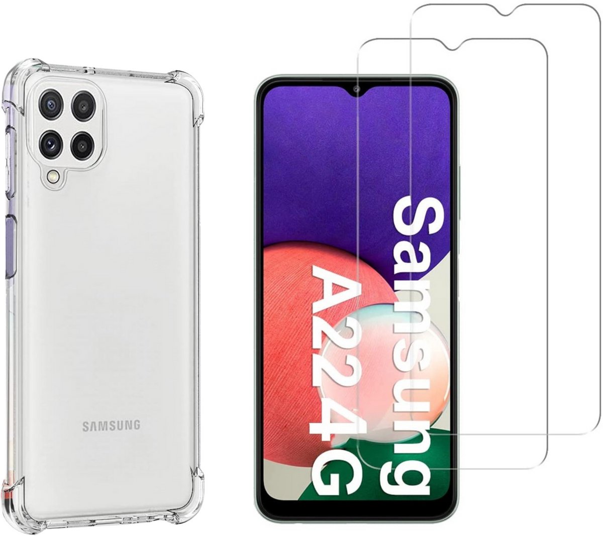 Hoesje geschikt voor Samsung Galaxy A22 4G backcover Shockproof siliconen Transparant en 2 stuks Screenprotector Gehard Glas