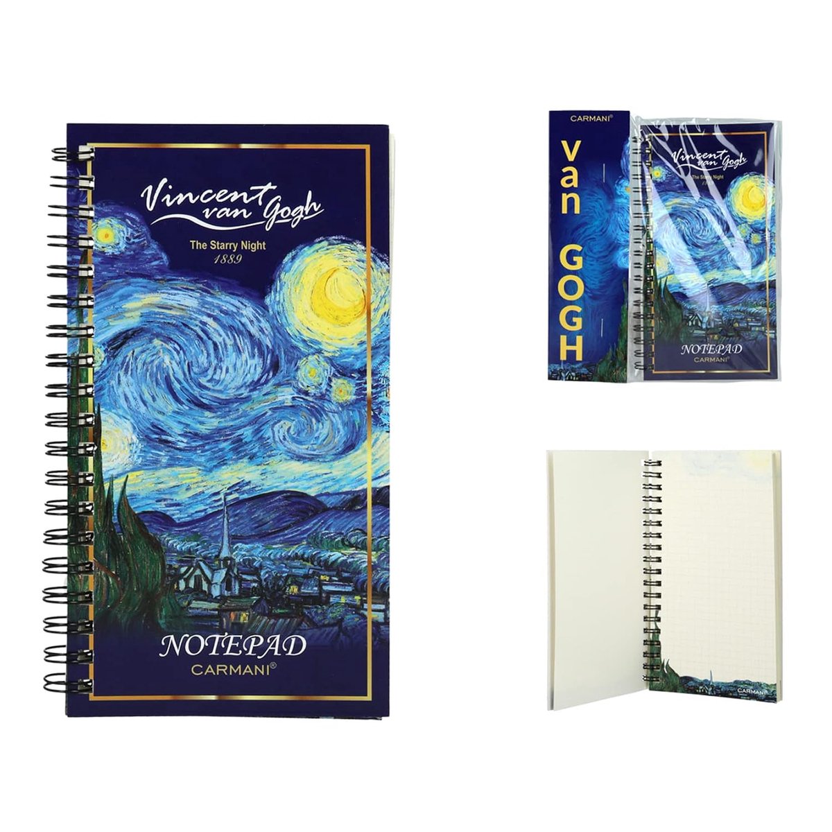 SnelShoppen - CARMANI Notitieboek A5 met Spiraal, Gekleurd Bedrukt, Vincent Van Gogh The Starry Night, 80 Geleide Bladen, Ideaal voor Kantoor, Creatie