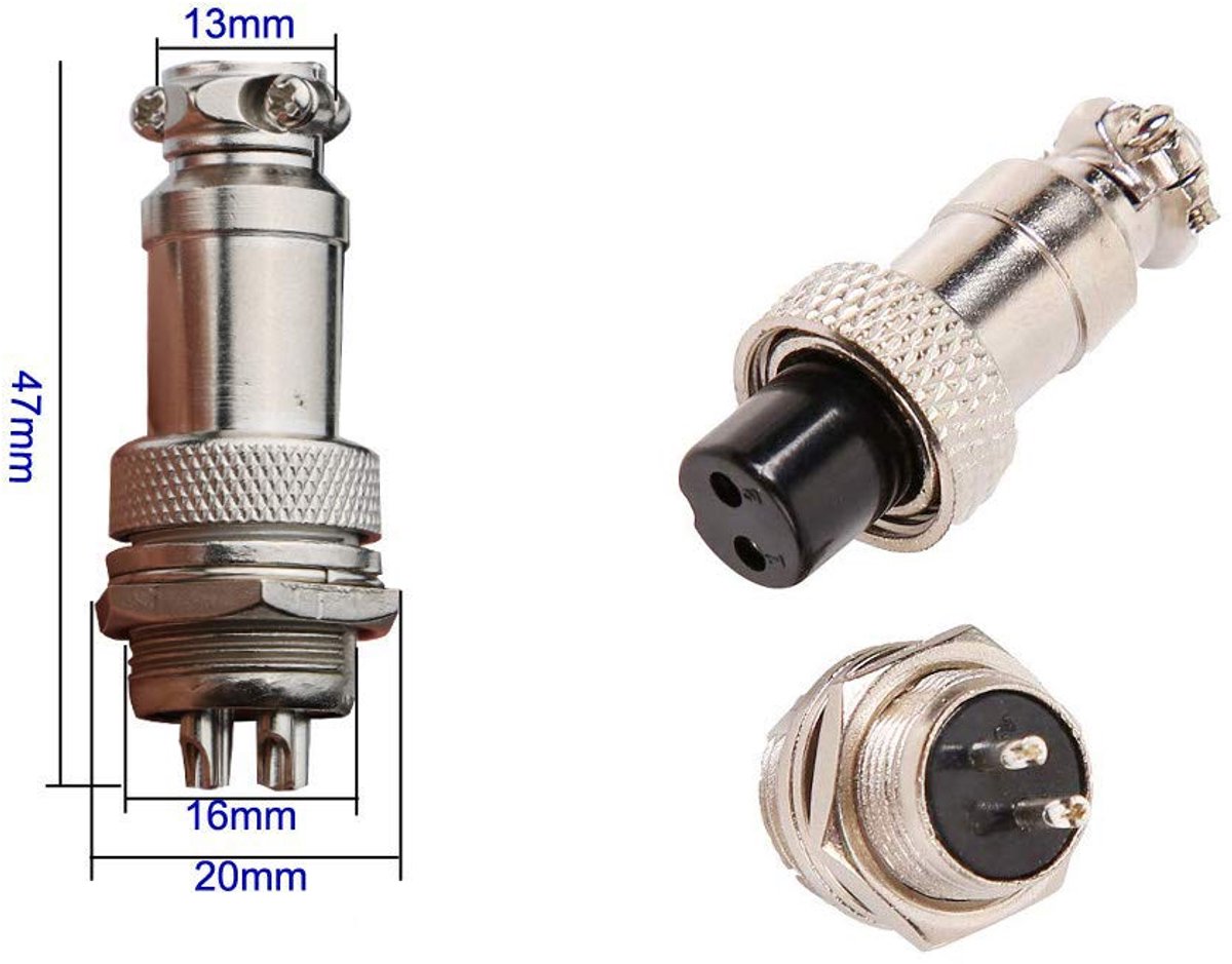 SnelShoppen - Set van 6 Luchtvaartconnectoren 16 mm, 2 Pin Vrouwelijk + Draad 16 mm, 2 Mannelijke Pinnen, 5 A met Rubber Beschermkap voor Elektronisch