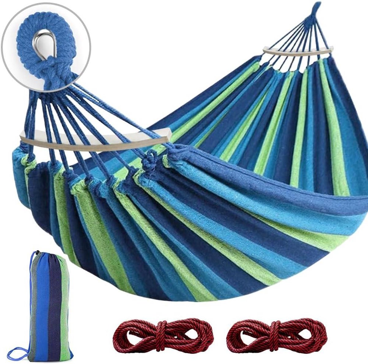 Grote Hangmat - Buiten Luieren - Ontspannen in de tuin - Versterkte metalen knoop - 275 x 155 cm - Blauw