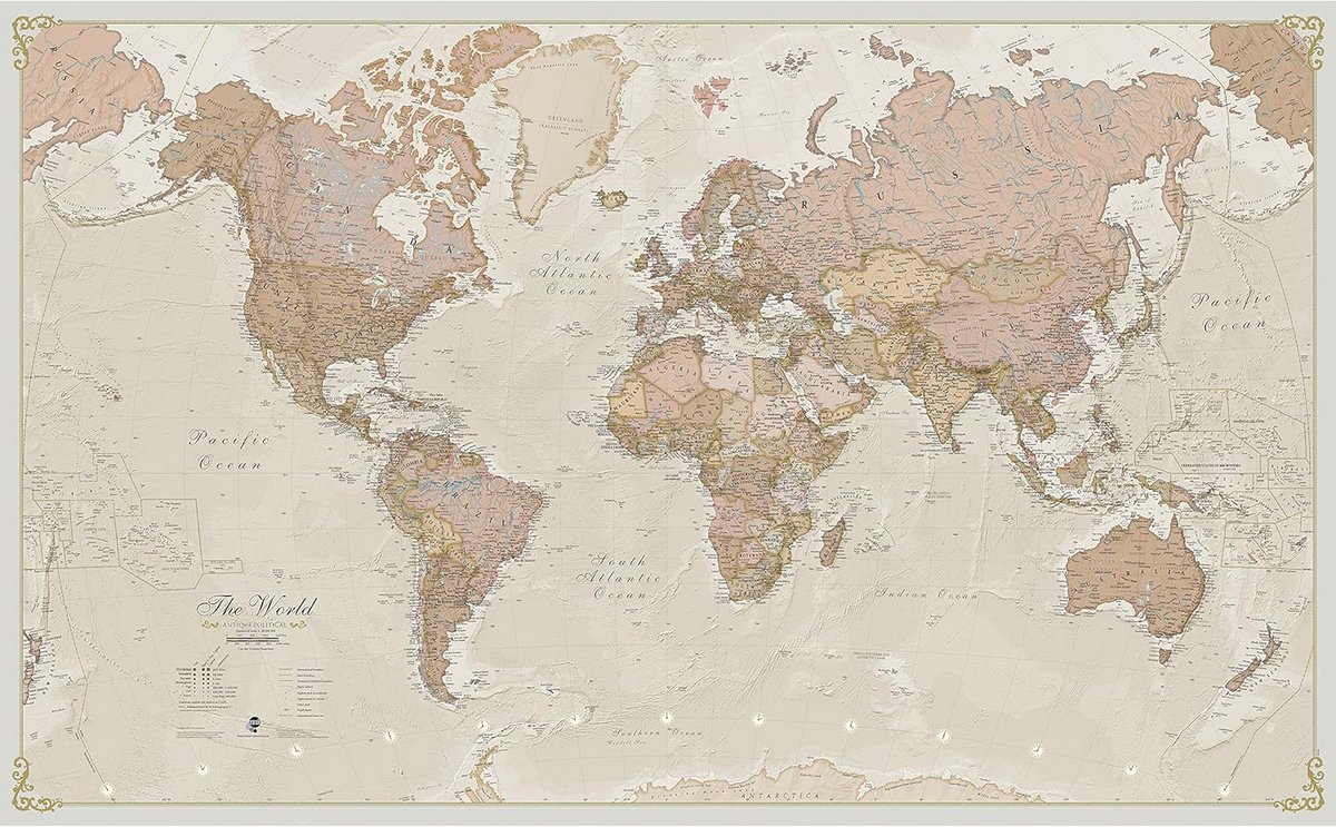 SnelShoppen - Gigantische Wereldkaart Poster - Antieke Wereldkaart - Gelamineerd - 197 x 116 cm - Hoogwaardige Cartografische Details - Perfect voor T