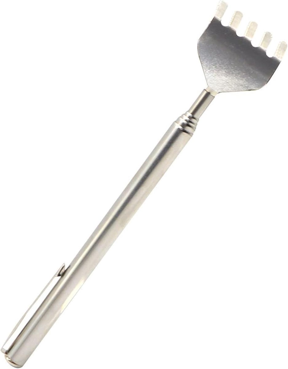 SnelShoppen - Telescopische Rugkrabber voor Broekzak - Uitbreidbaar tot 50 cm - Vijfvinger Hoofd - Zilver Chroom - Perfect voor Ontspanning en Massage