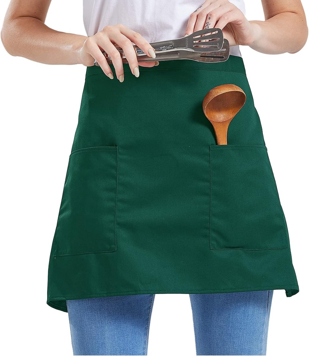 SnelShoppen - Keuken Schort met 2 Zakjes voor Keuken, Restaurant, Cafe AL8029, Groen, Katoen en Polyester, One Size, 46 x 66 cm