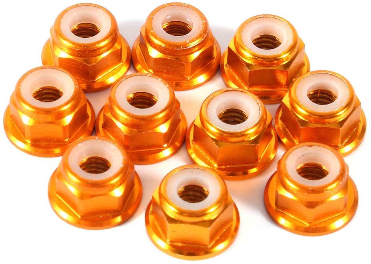 SnelShoppen - 10 Stuks Zelfvergrendelende Zeskantmoeren Aluminium CNC met Nylon Flenzen, M4 Goud, Duurzaam en Stabiel voor Hout en Vochtige Omgevingen