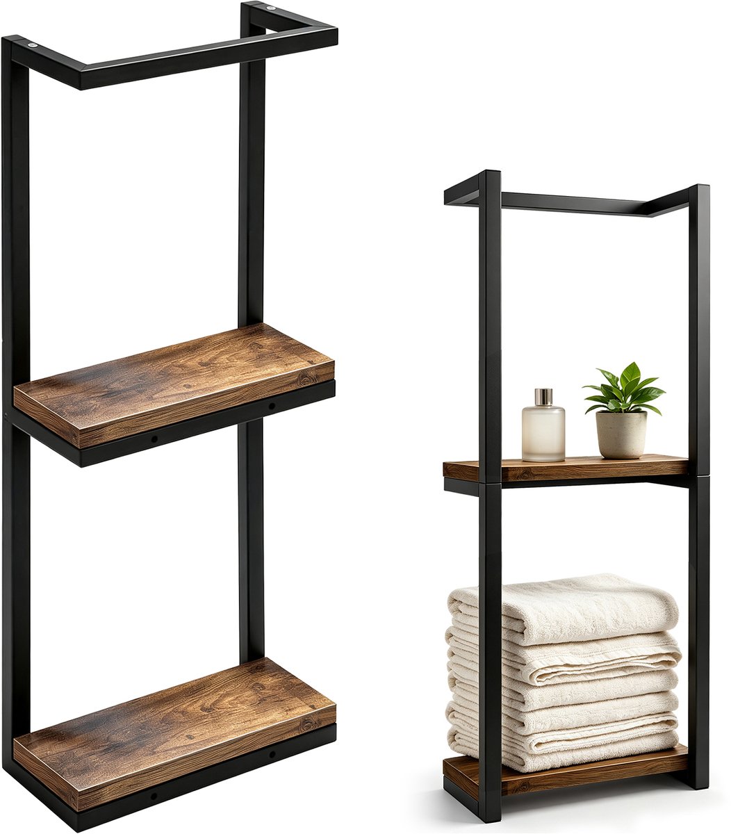 Twee-laags handdoekrek wandmontage, industriële stalen frame houten planken badkamer opbergrek, multifunctionele handdoekhouder voor badkamer, wasruimte en hal