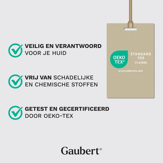 Oeko-Tex standaard 100 certificering: veilig, vrij van schadelijke stoffen, getest. Gaubert logo.