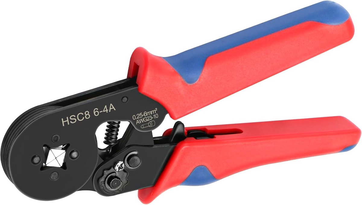 SnelShoppen - Mini Krimptang HSC8 6-4A, Zelfinstellende Krimptool voor 0.25-6.0 mm², Geschikt voor Vierkante Kabel-Eindhulzen, Rood, 175 mm