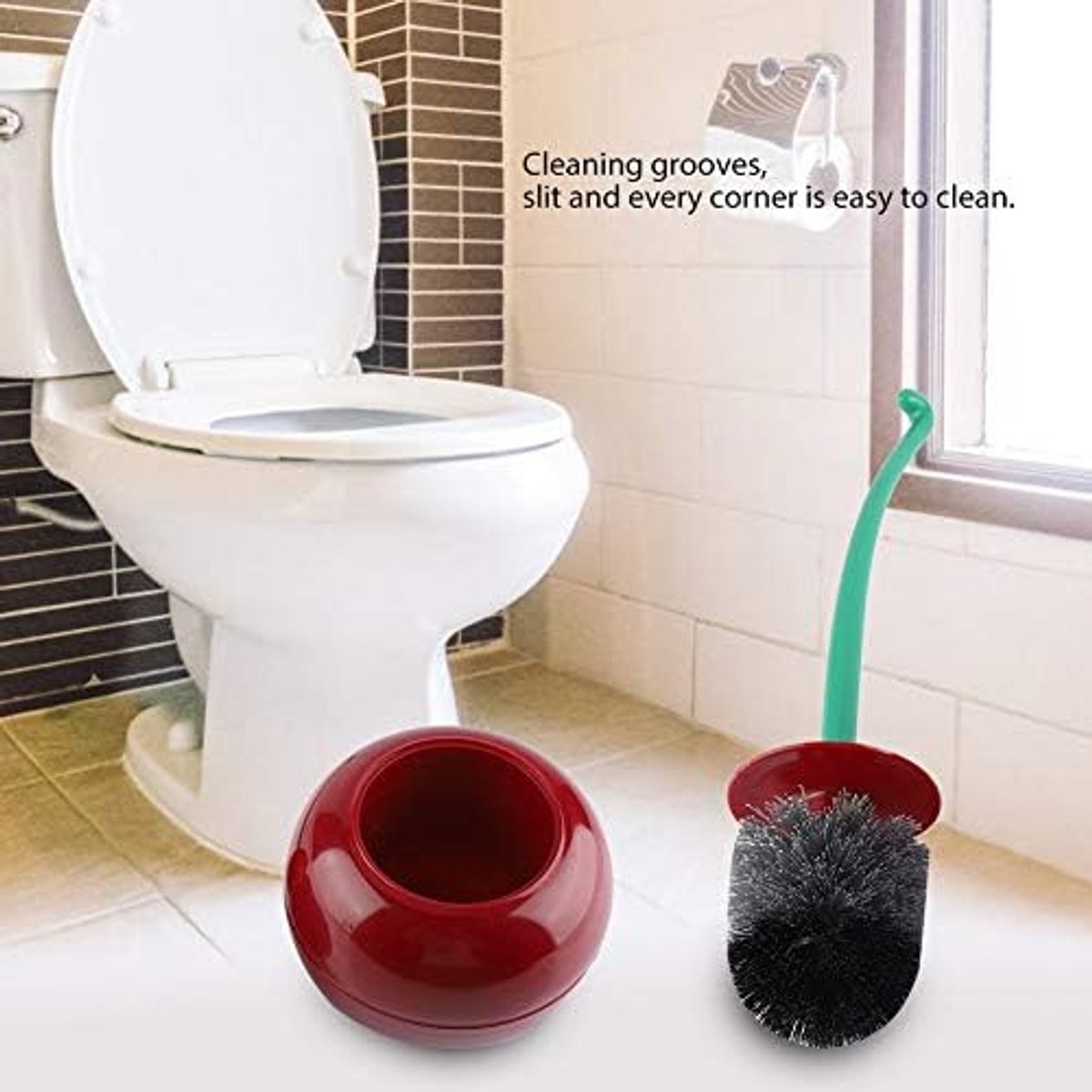 SnelShoppen - Toiletborstel met Houder - Lange Handgreep - Antibacterieel - Kersenvorm - Plastic - Donkerrood - Schoonmaakgereedschap voor Badkamer, H