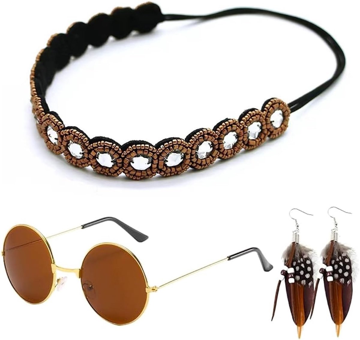 Set van 3 Retro Hippie Kostuums voor Vrouwen met Accessoires voor Carnaval, Halloween en Cosplay