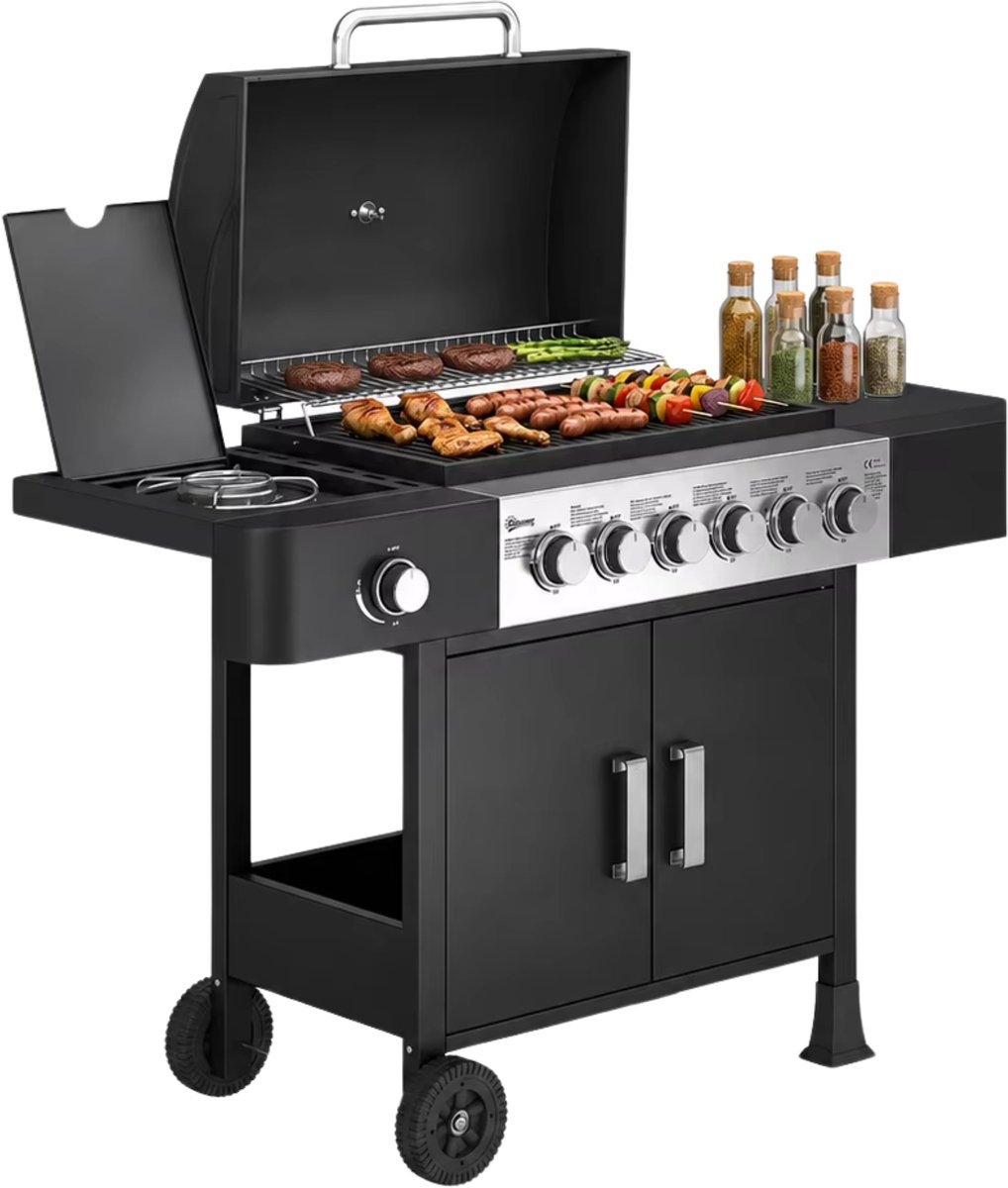 Gasbarbecue 6+1 Branders 17,8 KW Zwart – RVS - - met Zijbrander, Thermometer & Geëmailleerd Grillrooster