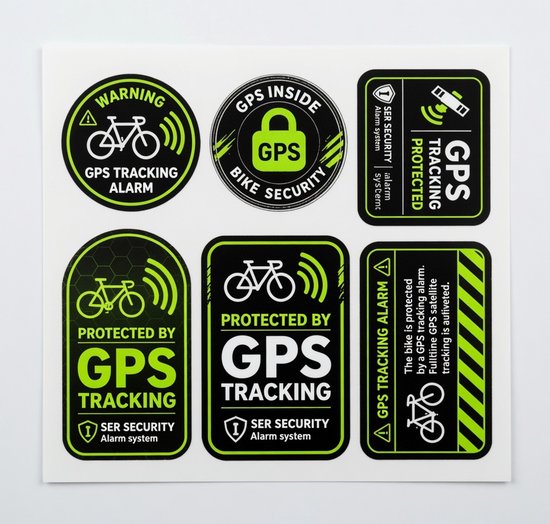 Zes stickers met GPS-trackingalarm en fietssymbolen in groen en zwart.