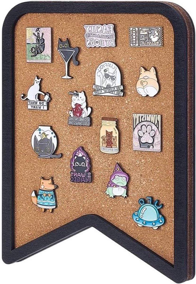 Kurk-speldbord voor het tonen van speldjes, 22,5 x 17,5 cm, wandmontage, zwart frame, ideaal voor opslag van speldjes en als decoratie in huis of op kantoor, 1,8 cm dik