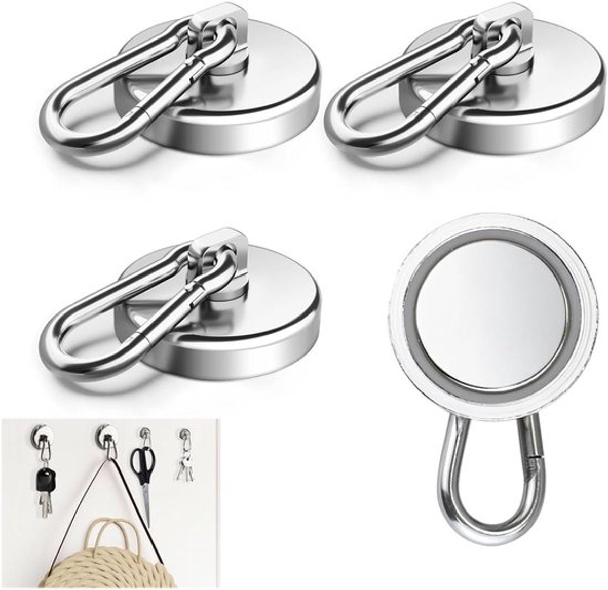 Set van 4 Neodymium Magneten met Haak, 360° Draaibare Magnetische Haken, 22 kg Trekvermogen voor Koelkasten, Keukens en Organisatie