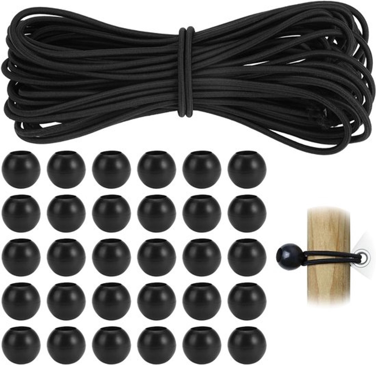 Elastische Touwen met Ballen, 4mm x 10m, Ideaal voor Zeilen, Tenten en Reclamebanners, Sterke Rubber Riemen met 30 Ballen voor Diverse Toepassingen
