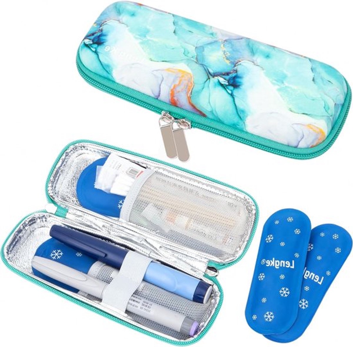 Insuline koeltas met 2 nylon koelpads, waterdichte etui voor diabetes, geïsoleerde medicijnopslag, 6-8 uur koeling, handige reistas voor diabetici 21.5 x 8.1