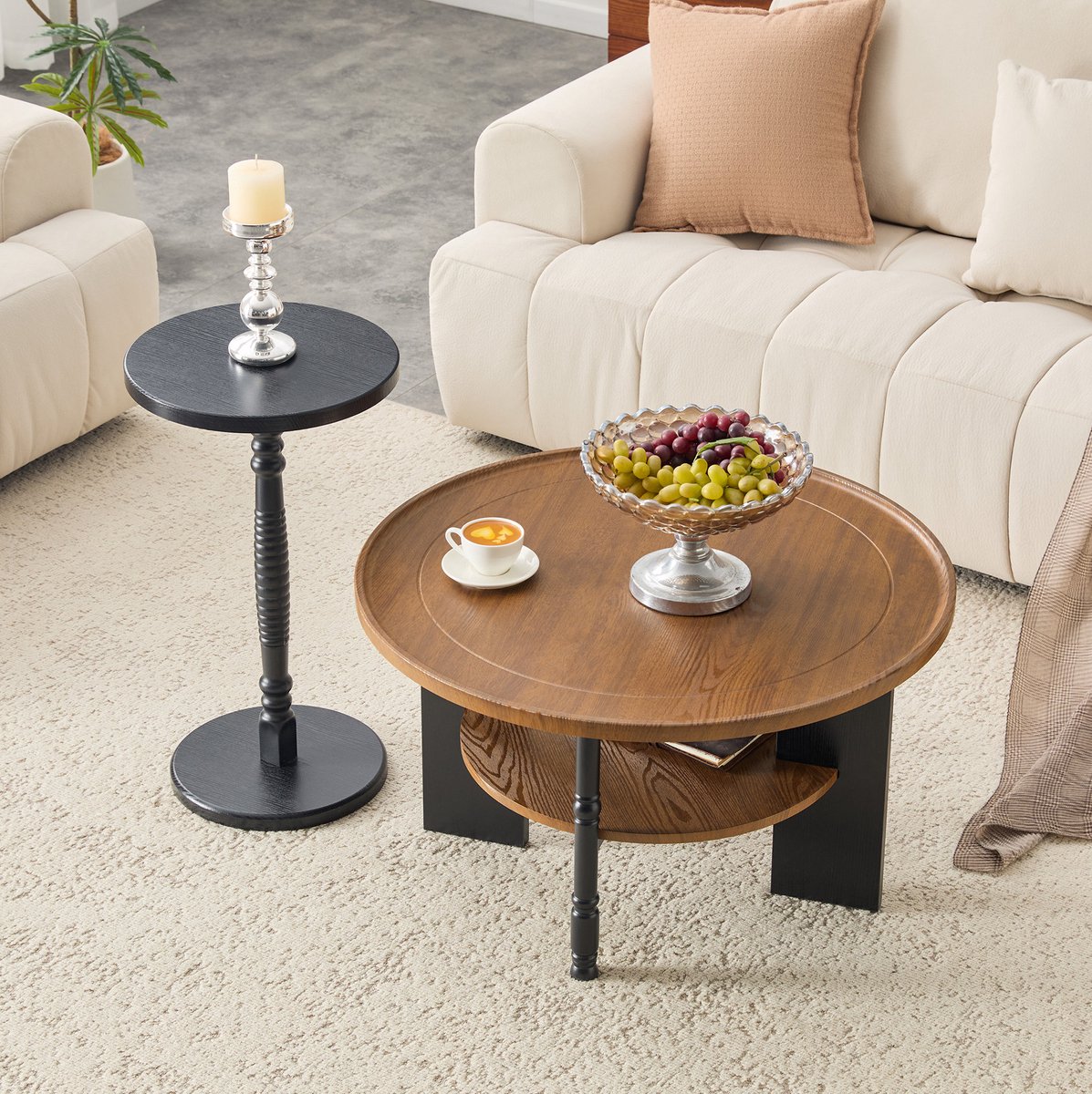 REDOM - Salontafel set van 2 - Ronde salontafel met opbergvak - MDF - Walnootkleur en zwart - Woonkamer en slaapkamer - 80 cm en 38 cm