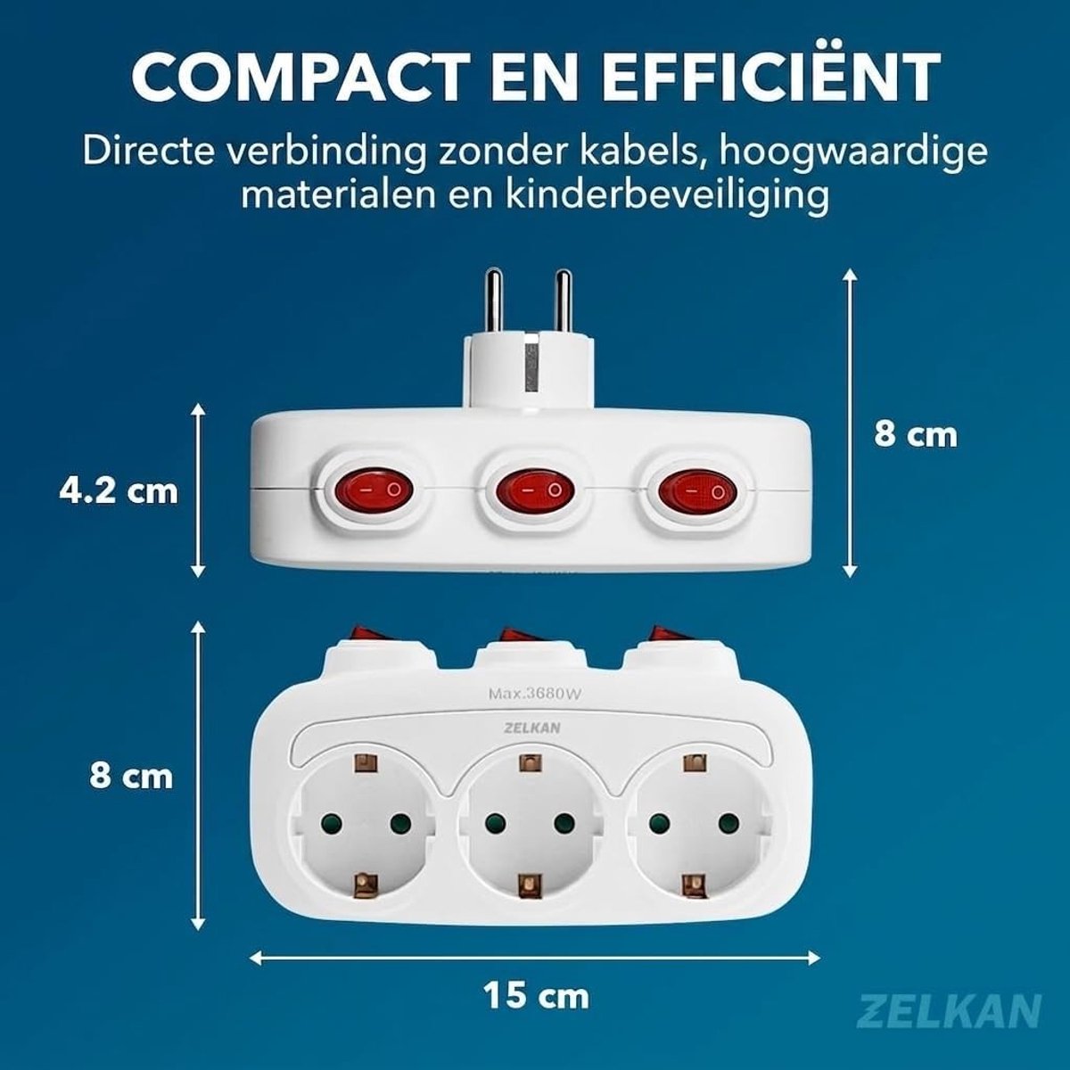 Stekkerdoos met Onafhankelijke Schakelaars - Wit - 15 x 8 x 8 cm - Meervoudige Stopcontacten zonder Kabel - Voor Thuis en Kantoor