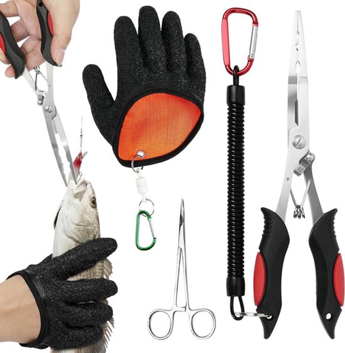 Multifunctionele 4-delige Vistang Set met Haakverwijderaar, Lijnsnijder en Snijvaste Handschoenen voor Zee- en Zoetwatervissen, Ideaal voor Vissers en Outdoor Avonturen