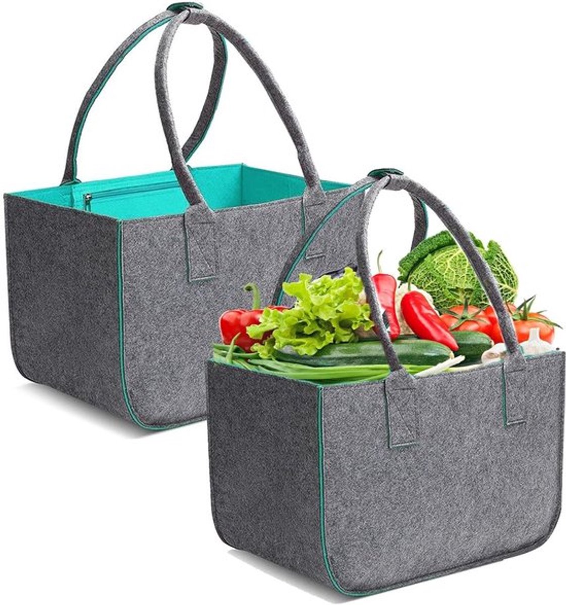 Duurzame Vilt Shopper, 2 Herbruikbare Winkeltassen, 30L Opvouwbare Tas met Rits voor Winkelen en Opslag, Grijs