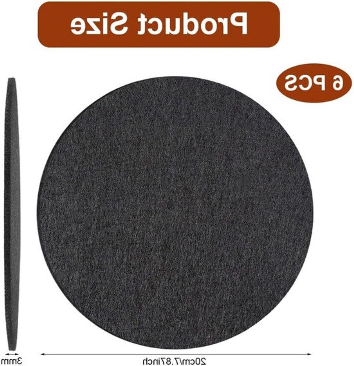 Set van 6 grote ronde vilt onderzetters van 20 cm, hittebestendig en antislip, perfect voor glazen, kopjes en borden