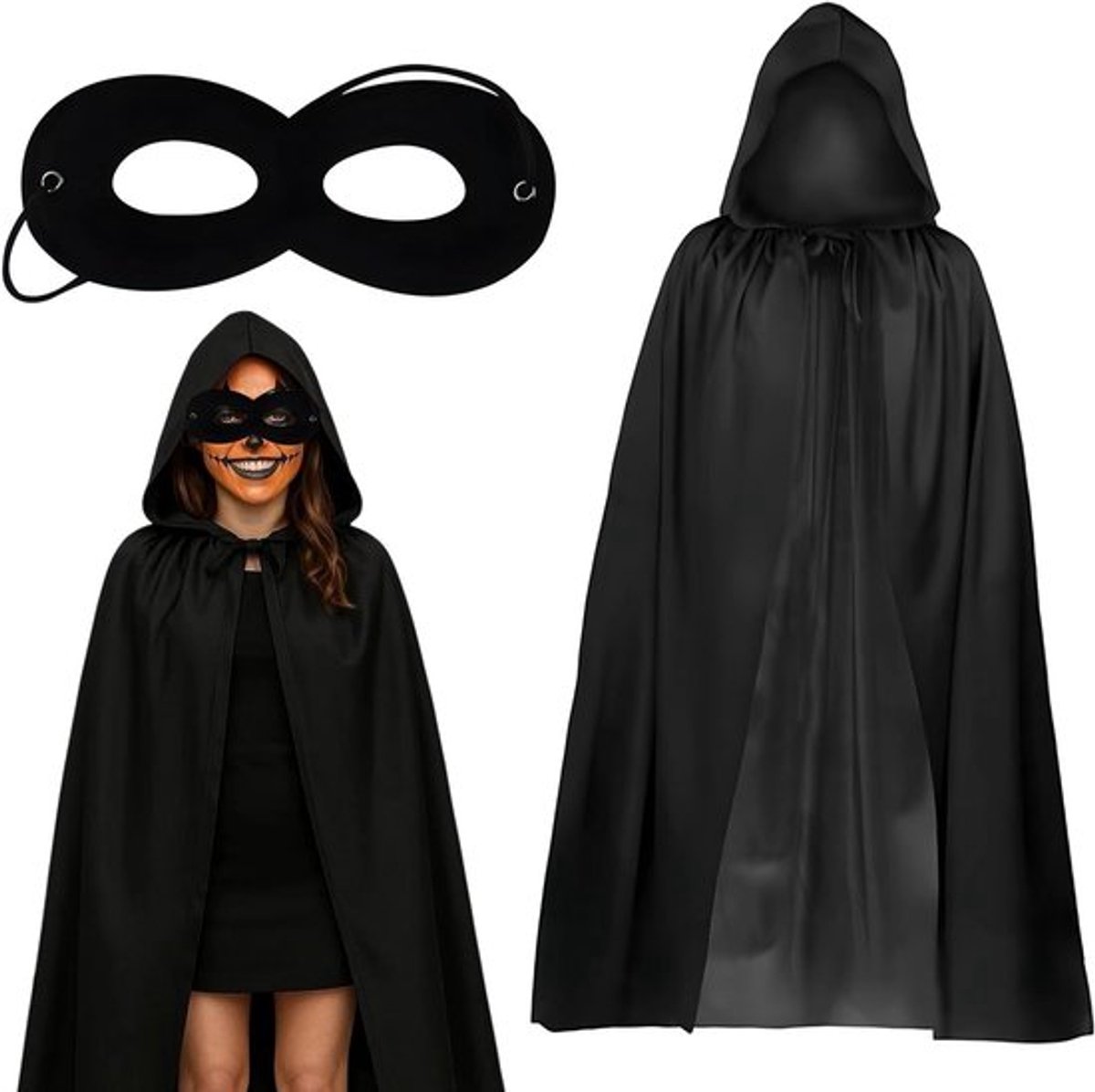 Multifunctionele Zwarte Cape met Kap - Stijlvol Kostuum voor Halloween, Feesten en Themapartijen - 90 cm Lang - Unisex en Geschikt voor Volwassenen en Kinderen