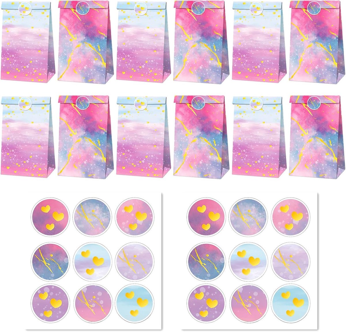 Nhgkju Geschenkzakjes voor verjaardag, 12 stuks, roze en goud, regenboog, goodie bags met 18 stickers, 22 x 12 x 8 cm - ShopVlot