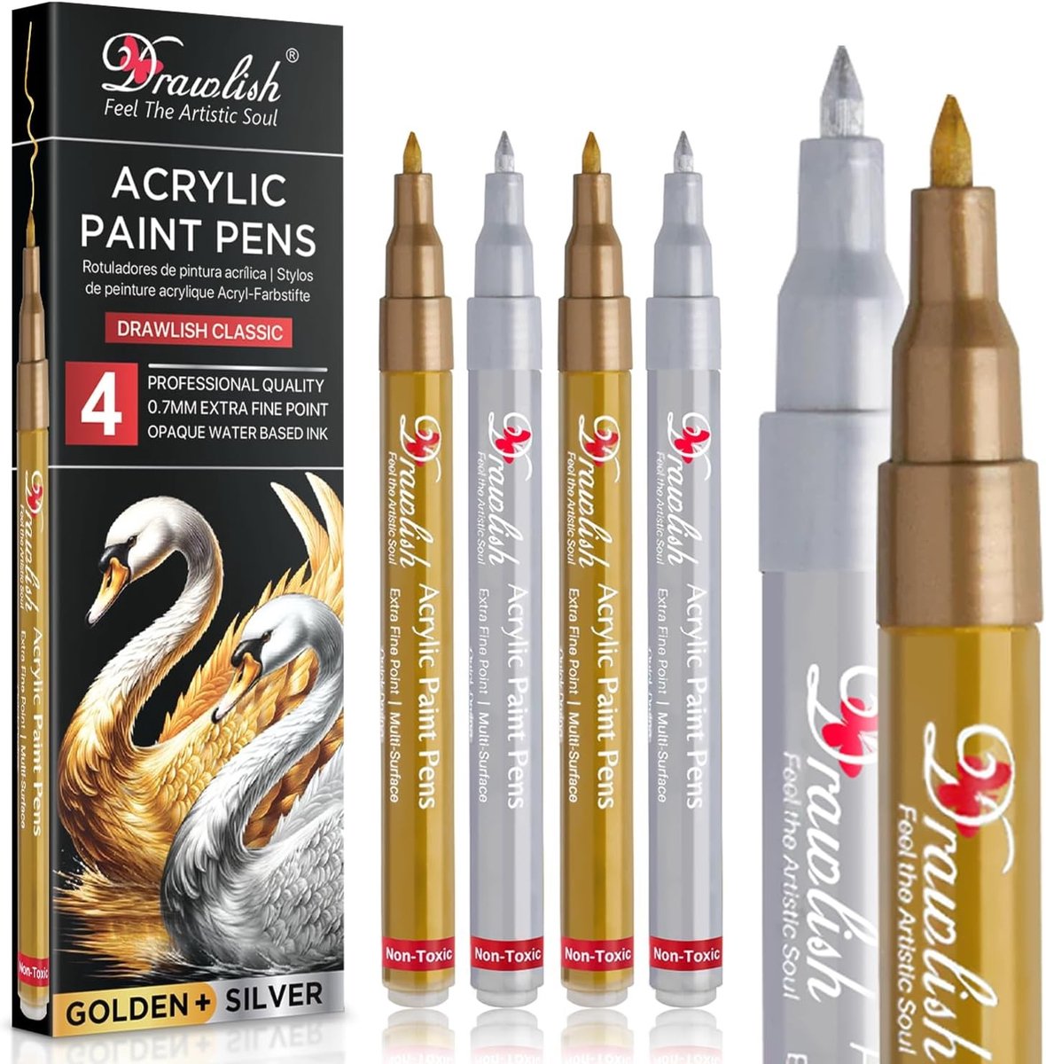 Acrylverf pennen - Metallic Markers - Creatief Tekenen - Extra Fijne Tip - Set van 4 - Goud Zilver