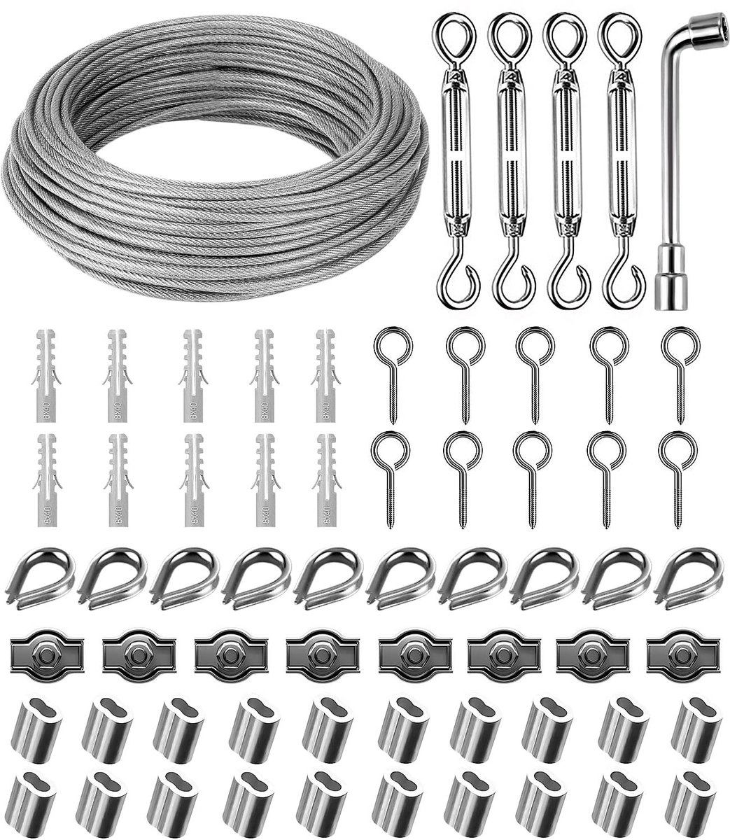 Staalkabelset - 3 mm - 30 meter - Roestvrijstalen Kabel met Oogjes en Spanschroeven - Voor Buitentoepassingen