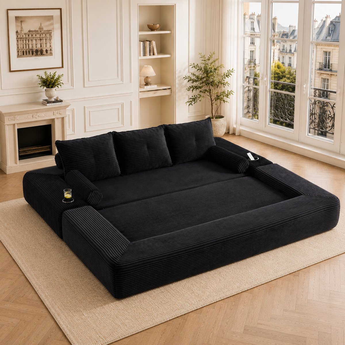 MIVRAY Slaapbank 3-Zits 232 Cm - Opklapbaar Met Bekerhouder En Zijvak - Voor Woonkamer En Appartement - Ribstof Zwart