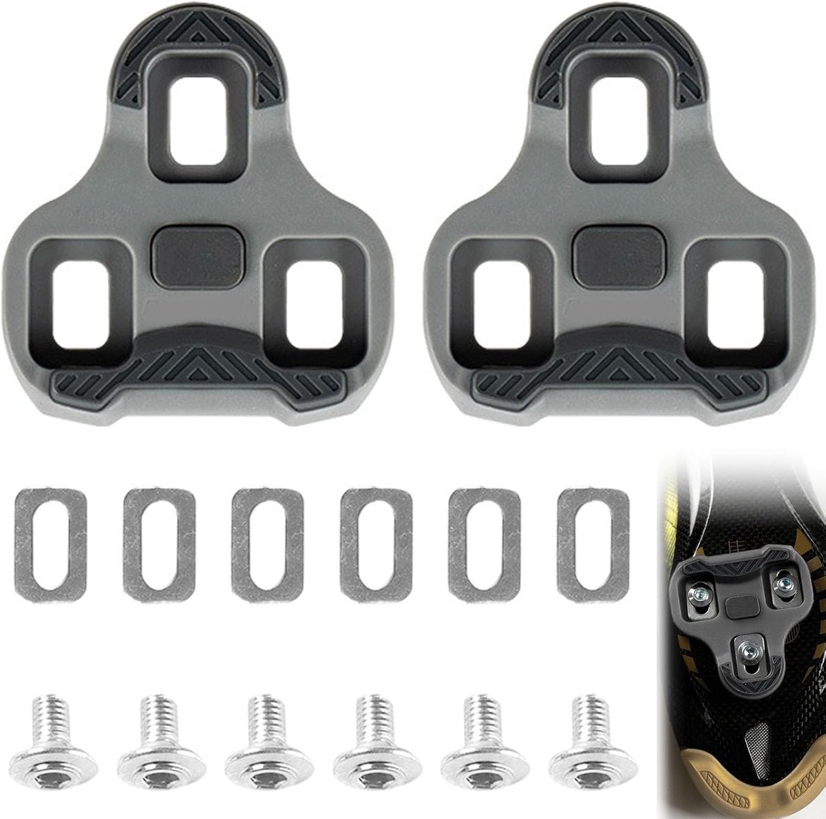 SnelShoppen - Cleats Pedalen voor Fiets, 3-Hole Grip Blade 2 Max Cleats Set, Compatibel met Look KEO, 4.5° Hoek, Duurzaam TPU en Polyamide, Grijs