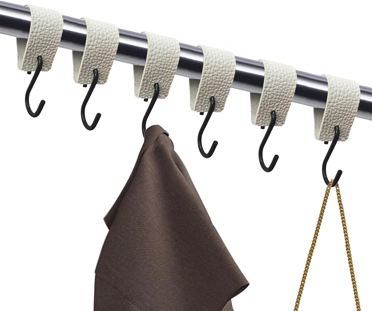 SnelShoppen - 6 Stuks Leren S-Haak voor Ophangen, RVS S-vormige Multifunctionele Haak, Leren Haak voor Jassen, Kopjes, Handdoeken, Keuken (Wit)