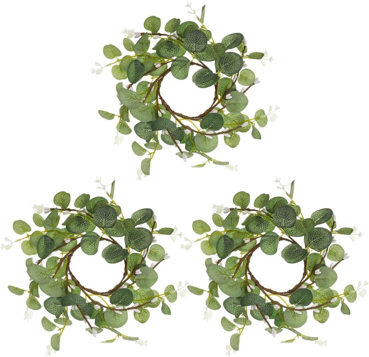 SnelShoppen - 3 Stuks Kunstmatige Kaarsenkrans Eucalyptus Bladeren en Bessen Decoratieve Kaarsring Set voor Bruiloften, Feesten, Thuisdecoratie, Groen