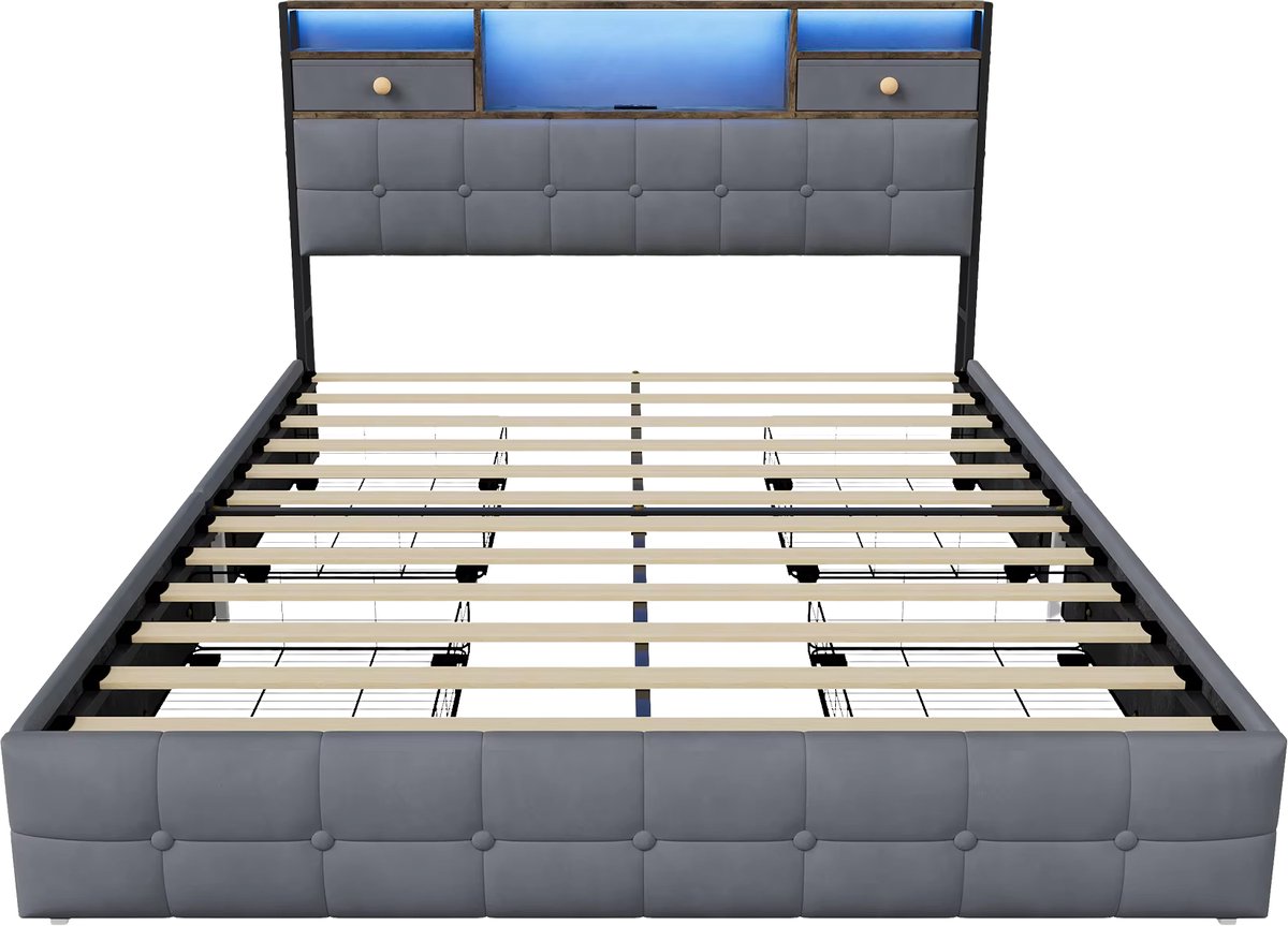Tweepersoonsbed met Lades 160x200 cm Grijs Fluweel – met 4 Lades, Nachtkastje Lade en USB Type-C