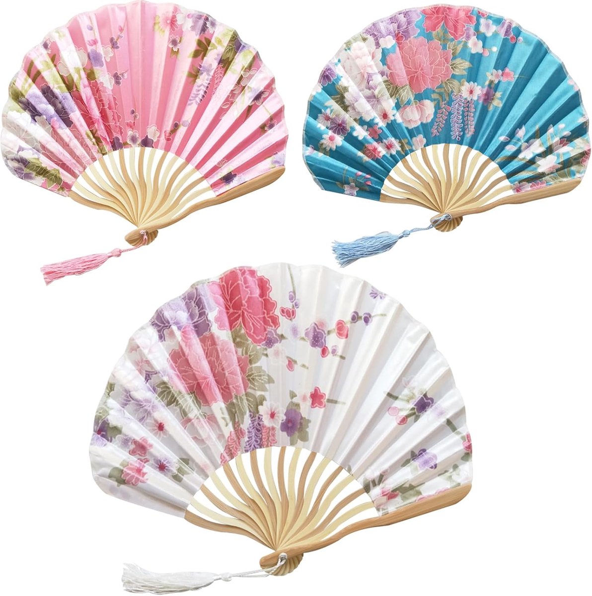 SnelShoppen - 3 Stuks Huwelijksventilators Japanse Chinese Vouwbare Houten Stof Tas Bamboe Handventilator Vouwbaar voor Decoratie Verjaardagsfeest