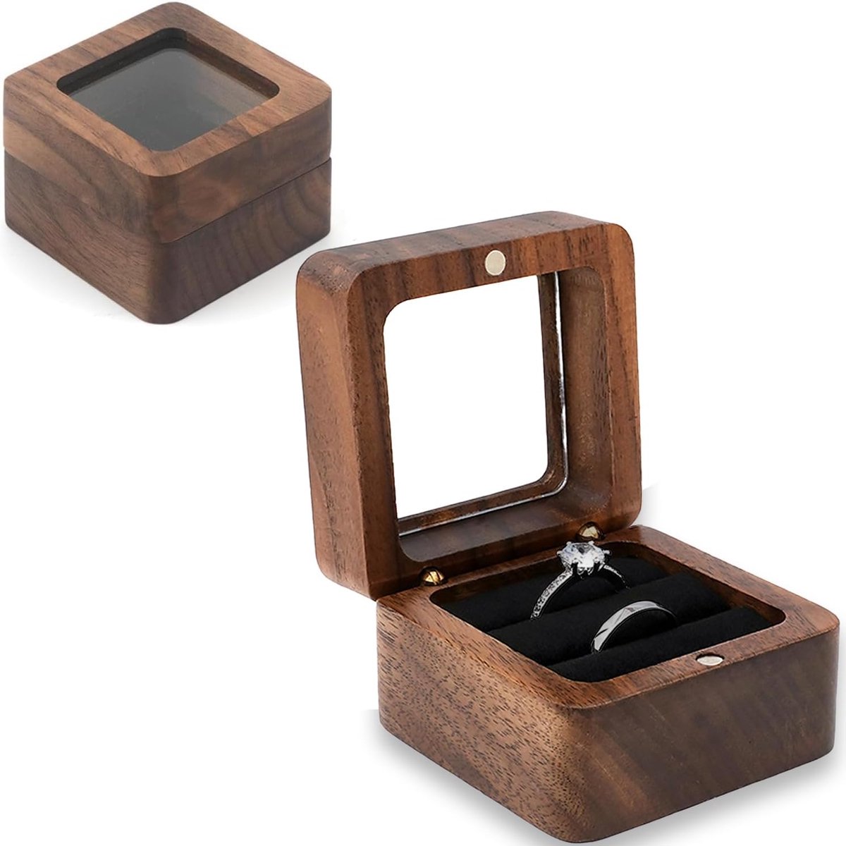 Ringdoos voor twee ringen - walnoot met fluwelen voering - vierkant ontwerp met venster - elegant presenteren - SnelShoppen