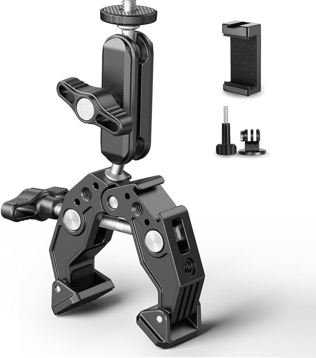 SnelShoppen - Action Camera Mount Super Clamp - 360° Dubbel Swivel Magic Arm met 1/4 en 3/8 Schroeven - Perfect voor Microfoon, Fiets, Motor en meer