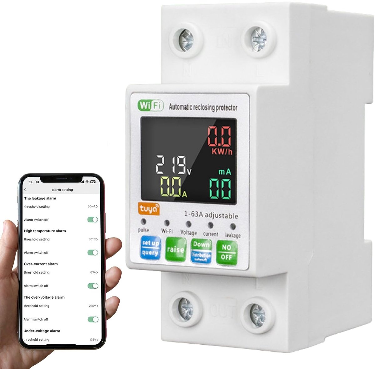 SnelShoppen - Slimme Wifi Stroommeter DIN Rail 2P 63A met Tuya App, Automatische Herverbinding, Over- en Onder Voltage Bescherming en Leckage Bescherm