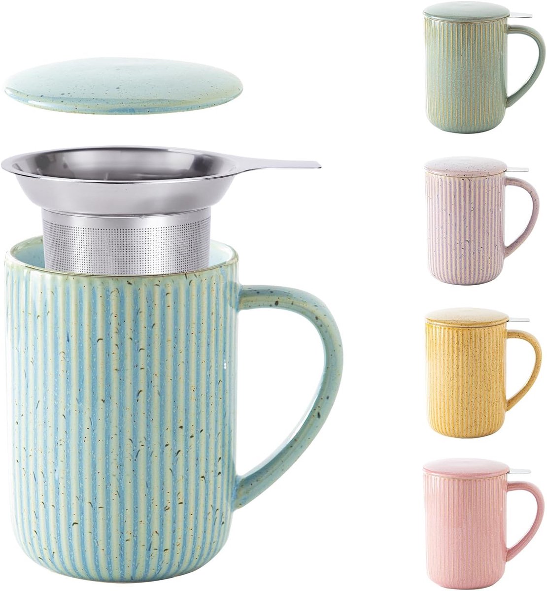 SnelShoppen - Grote 470ml Keramische Theekop met Deksel en Zeef - Gestreepte Theekop in Vlamblauw - Uniek en Elegante Koffiemok voor Thuis, Feest of T