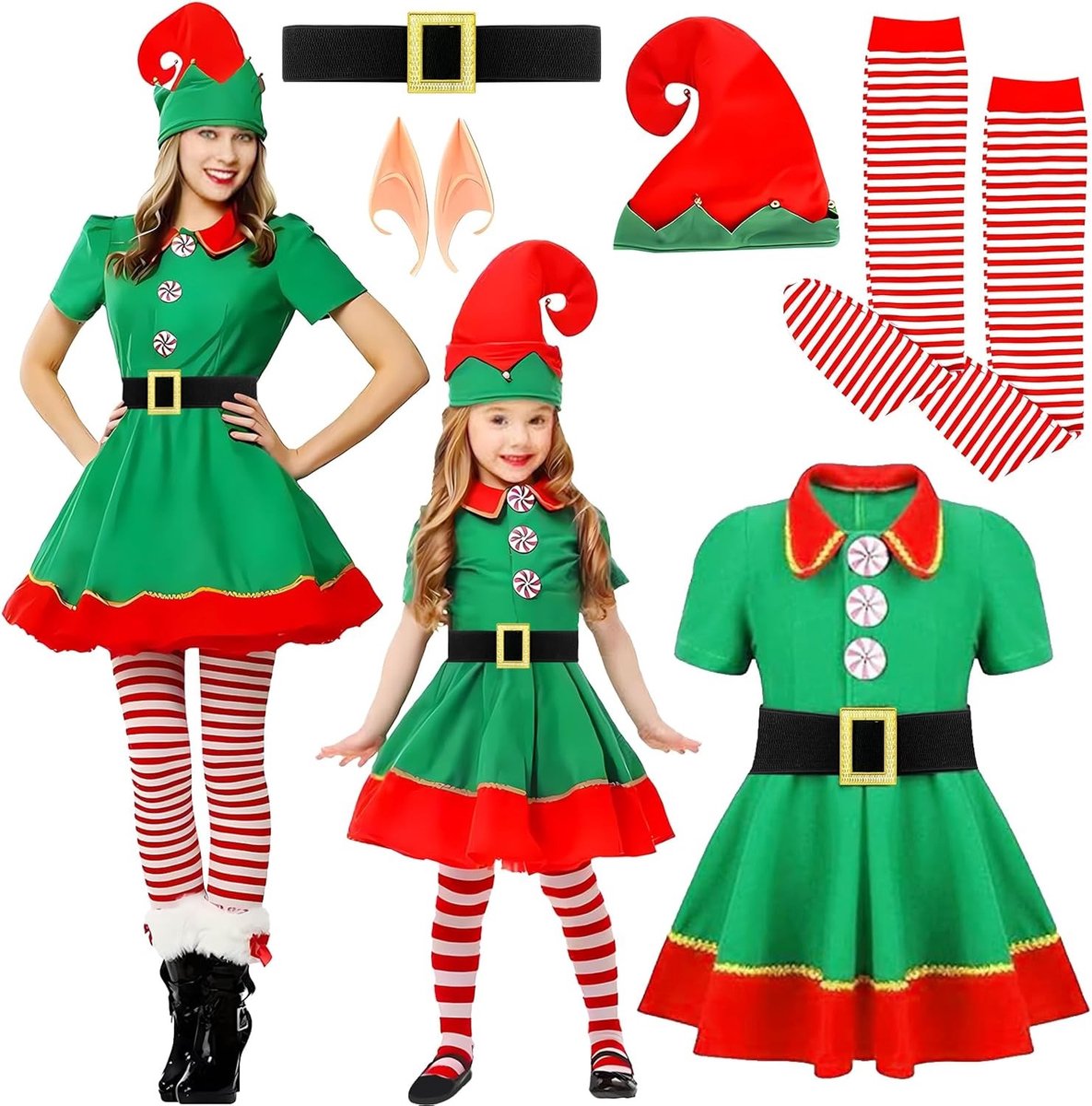 Feestelijke Kerstkostuum Set voor Meisjes, Inclusief Gnome Kostuum, Hoed, Riem, Sokken en Elf Oren voor een Magische Kerstviering