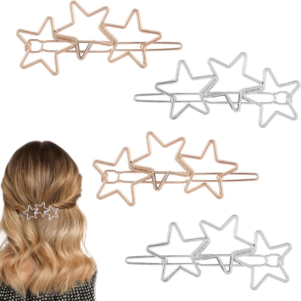 SnelShoppen - Y2K Metaal Ster Haaraccessoires, 4 Stuks, Eenvoudige Mode Haarclips voor Vrouwen en Meisjes, Trendy Haaraccessoires (Goud, Zilver)