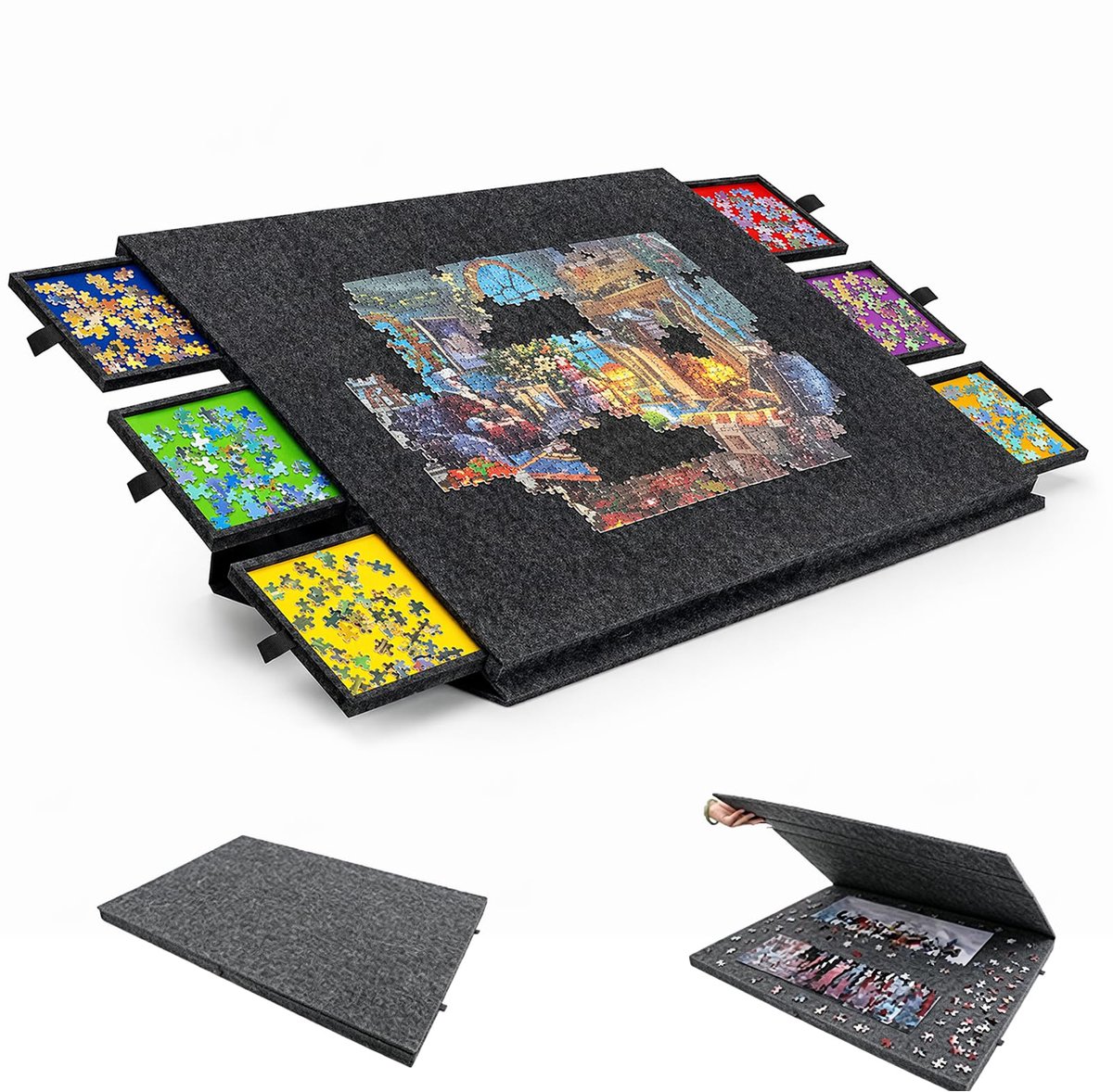 SnelShoppen - LUPATDY 2-in-1 Puzzelplank voor 1000 Stukjes, Inklapbare Puzzeltafel van Vilt met 6 Laden, Draagbare Puzzelmap voor Opbergen (Zwart)