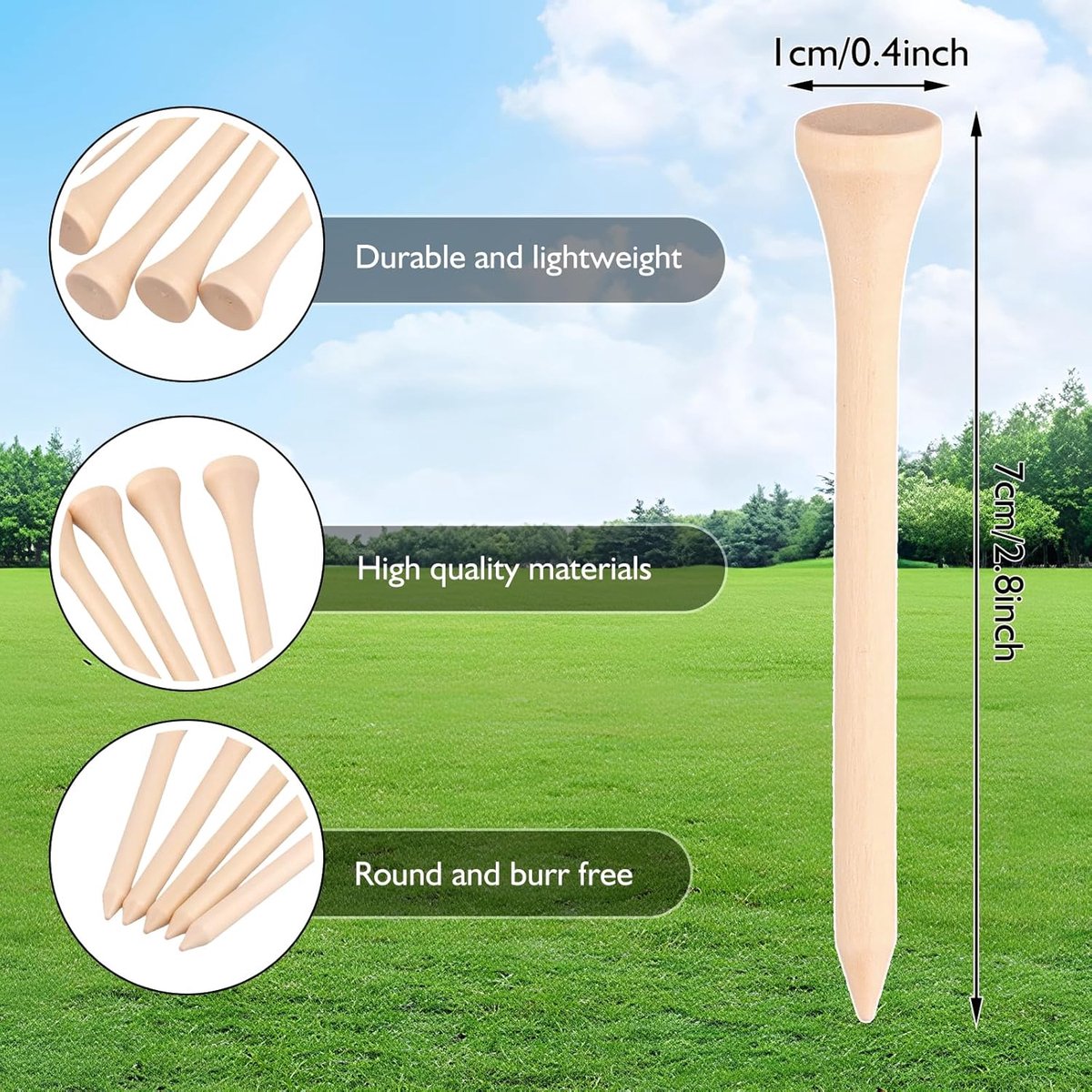 SnelShoppen - 100 Stuks Golf T-shirts 70mm Lang Houten Golf Tee Biologisch Afbreekbaar Wit voor Driver Golf en Golfmat