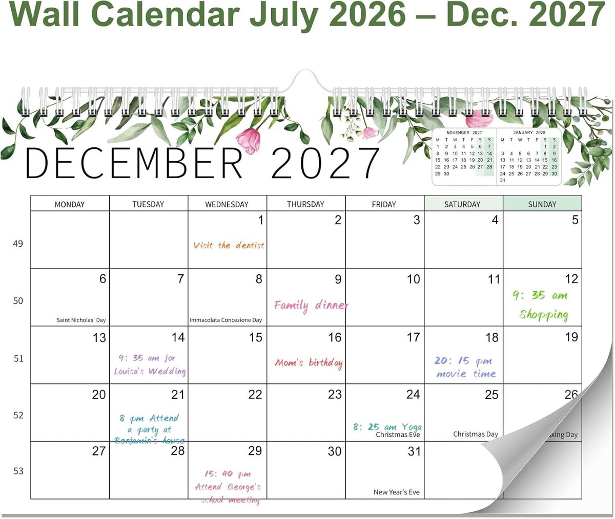 Wandkalender - Bloemen - 21 x 31 cm - Dubbele Spiraalbinding - Voor Thuis en Kantoor