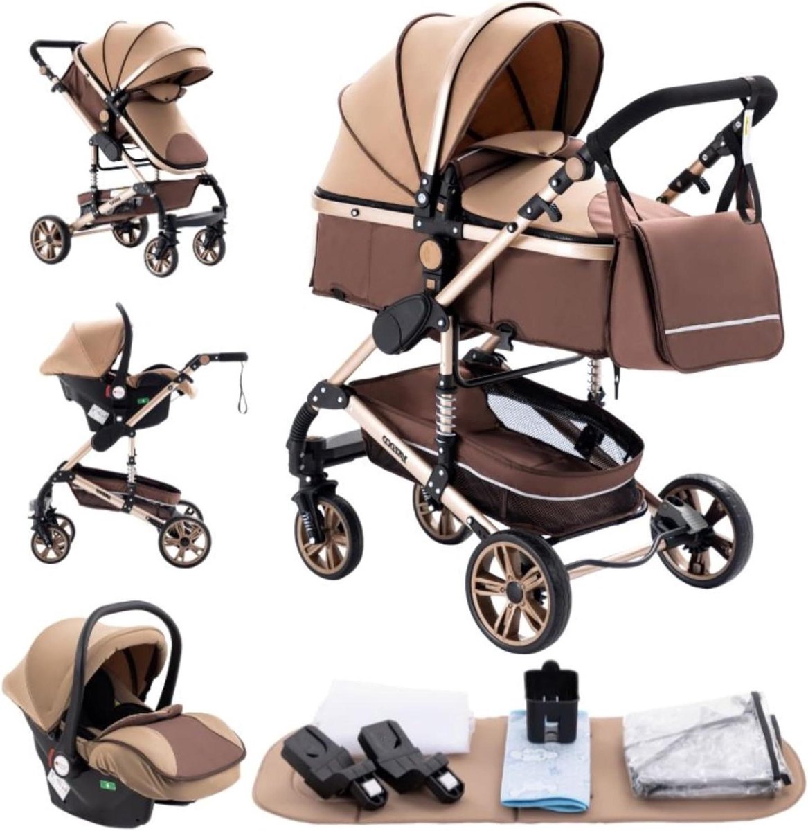 Kinderwagen 3-in-1 - Combinatie kinderwagen - Veilig op pad - Lichtgewicht aluminium - 40x40x20 cm - Khaki